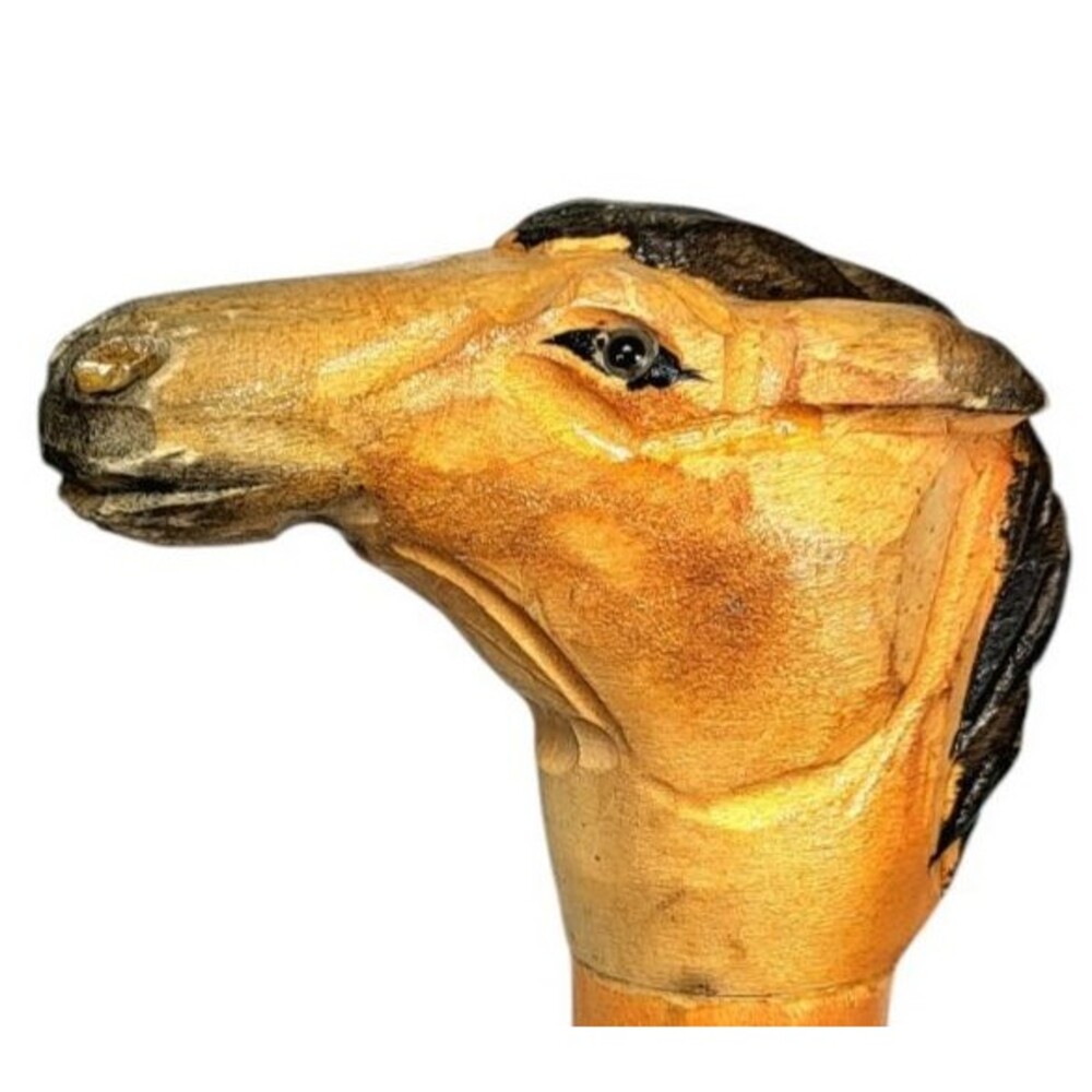 Antique Hand Carved Wooden Horse Head with Glass Eyes Handle Walking Stick Cane